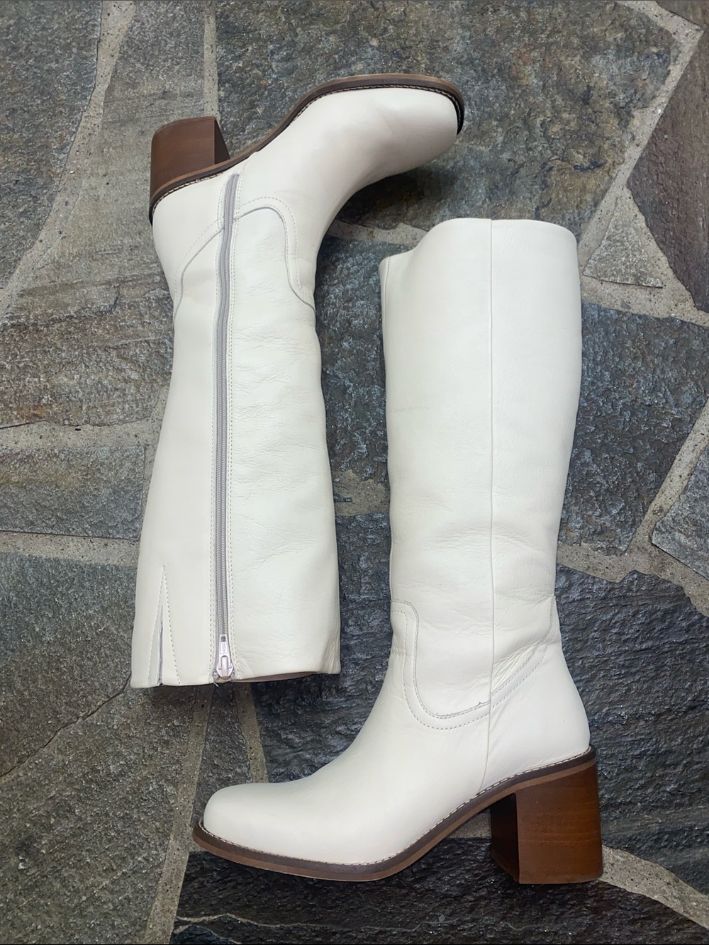 Women's Portland Leather Patina Knee-High Block Heel Boots in Bone